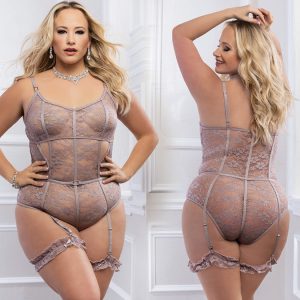 G World 2pc Slip in Sheer Teddy With Snap Crotch-Grey QUEEN